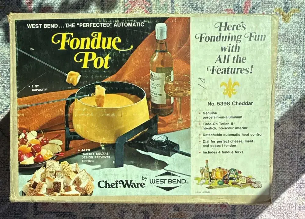 Vintage Oster Electric Fondue Set Retro Almond Pot 4 Teak Handle Fork Holder 80s